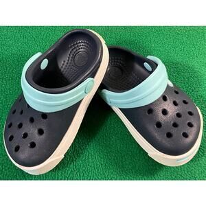 CROCS Classic Kids Clog C4-5 Unisex V09 Navy White Trim Aqua Strip Strap